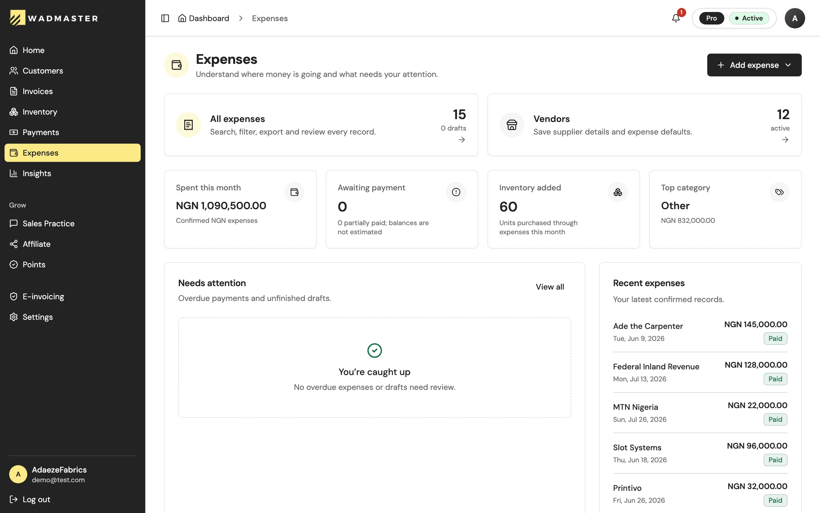 The WadMaster expenses list: each cost with its vendor, category, amount, date and payment method, above a running count of AI receipt scans used this month